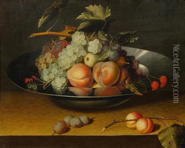A Still Life With Peaches And Grapes, In A Bowl, On A Table Oil Painting - Louise Moillon
