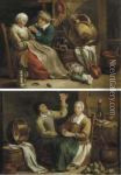 A Kitchen Interior; An Interior Of An Inn Oil Painting - David The Younger Teniers