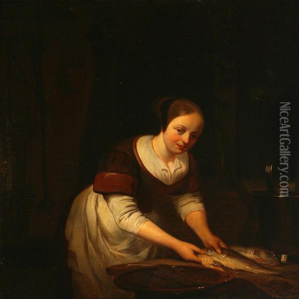 A Young Woman Cleans Fish Oil Painting - Gerrit Lundens