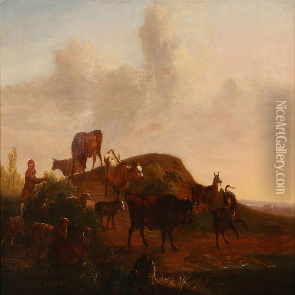 Shepherd With Cattle Oil Painting - Christian David Gebauer