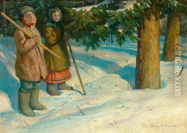 Figurenpaar In Sonnig Beleuchteter, Tief Verschneiter Waldlandschaft Oil Painting - Nikolai Petrovich Bogdanov-Bel'sky