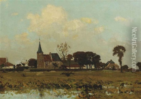 Church In Persingen, Ooipolder (+ Landscape With 'huis De Magerhorst', Duiven, Oil On Canvas Laid On Plywood; 2 Works) Oil Painting - Derk Wiggers