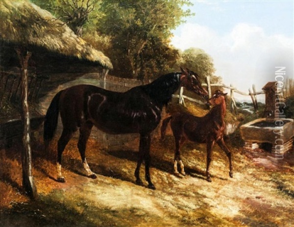 Levity, The Property Of J.c.cockerill Esq., With Her Foal Queen Elizabeth, The Property Of Lord Dorchester, 1843 Oil Painting - John Frederick Herring the Younger