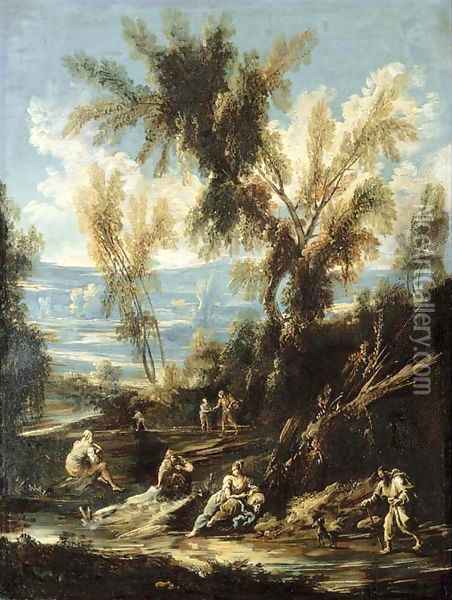A wooded river landscape with washerwomen and other figures Oil Painting - Antonio Francesco Peruzzini