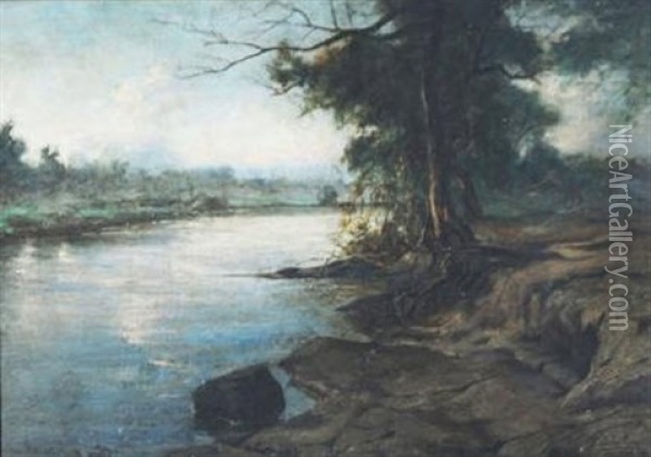 Untitled (river Scene) Oil Painting - Fabian De La Rosa