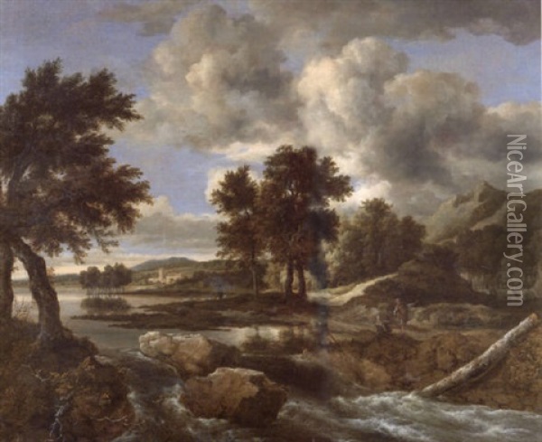 A River Landscape With Three Fishermen Near A Waterfall Oil Painting - Jacob Van Ruisdael