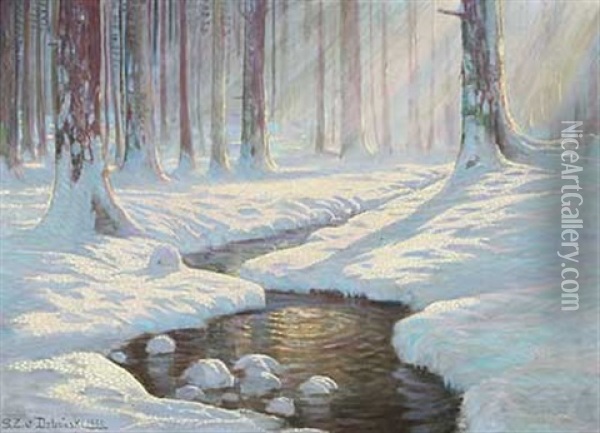 Bachlauf Im Von Sonne Erhellten Winterwald Oil Painting - Sixtus Z. von Dzbanski