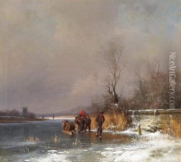 People On A Frozen Lake Oil Painting - Frederik Niels M. Rohde