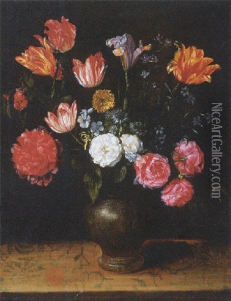 Roses, Lilies, Tulips, A Poppy And Other Flowers In A Stone Ware Jug On A Ledge Oil Painting - Alexander Adriaenssen the Elder