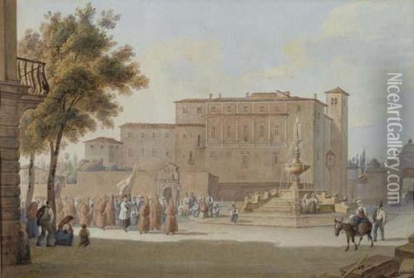 Rom. Place Du Peuple. Oil Painting - Friedrich Wilhelm Moritz