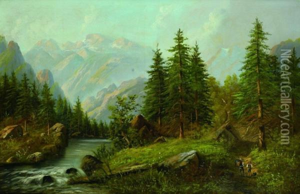 Gebirgslandschaft Mit Einem Fluss. Oil Painting - Anton Hubner