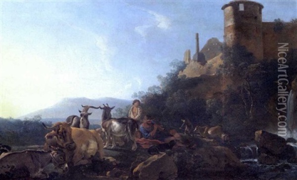 Rast Der Hirten An Einem Wasserfall Mit Ruinen Oil Painting - Adam Pynacker