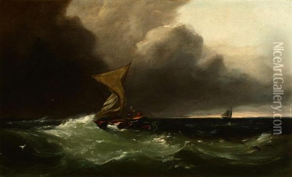 Shipwrecked Figures Signaling To A Distant Sailing Ship Oil Painting - Gideon Jacques Denny