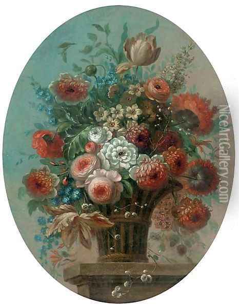 Roses, tulips, morning glory, narcissi and other flowers in a basket on a ledge Oil Painting - Pieter Casteels III