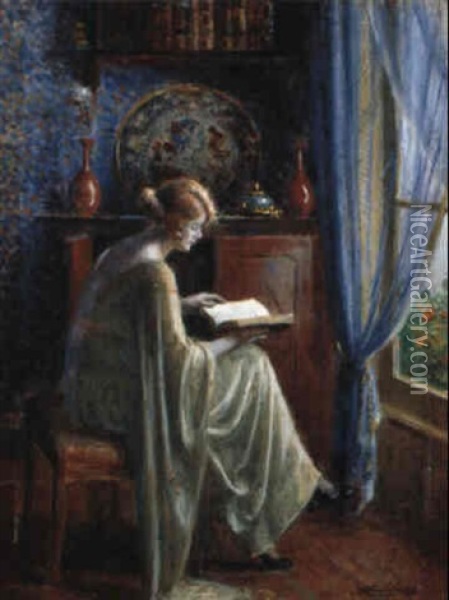 An Elegant Lady Reading In An Interior Oil Painting - Delphin Enjolras