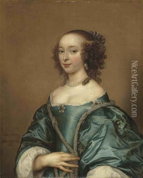 Portrait Of A Lady In A Blue Dress With Pearls Oil Painting - Adriaen Hanneman