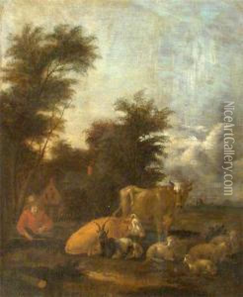 Rastender Hirte Mit Seinem Vieh, Im Hintergrund Ansicht Eines Gehofts Oil Painting - Albert-Jansz. Klomp