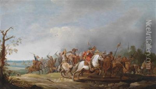 A Mounted Skirmish From The Time Of The Thirty Years' War Oil Painting - Pieter Meulenaer