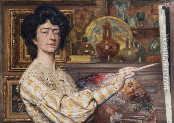 Artist In Her Studio Oil Painting - Auguste (Maurice Francois Giuslain) Leveque