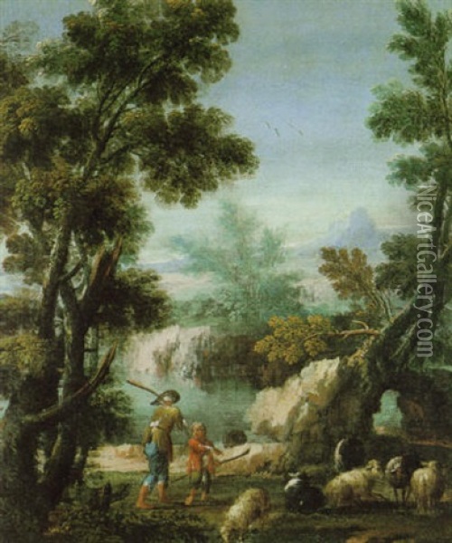 Paesaggio Fluviale Con Figure Oil Painting - Giuseppe Bernardino Bison