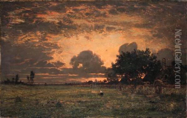 Sunset Over The Plain Of Barbizon Oil Painting - Theodore Rousseau