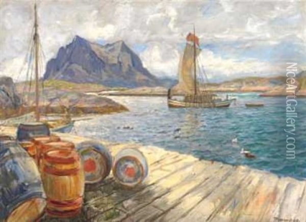 Fiskebrygge Med Tonner Oil Painting - Thorolf Holmboe