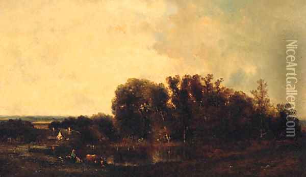 Cattle Watering In A Tranquil Country Landscape Oil Painting - Leon Victor Dupre