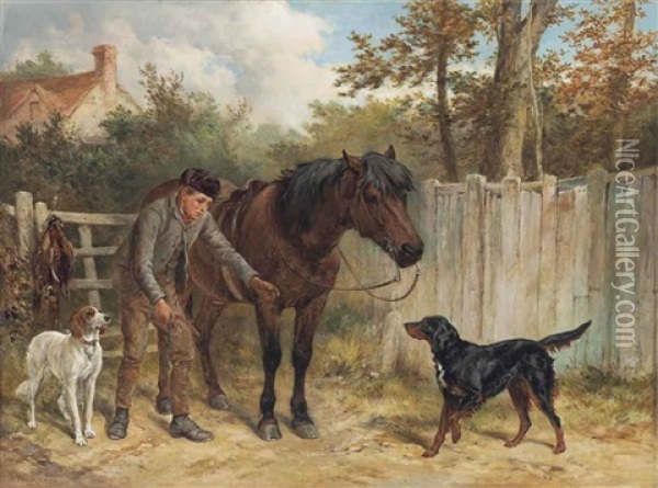 A Young Gamekeeper With A Pony And Dogs Oil Painting - James Hardy Jr.