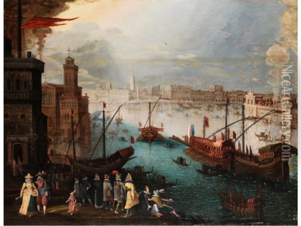 Ansicht Von Venedig Anlasslich Eines Staatsfests Mit Feuerwerk Oil Painting - Louis de Caullery