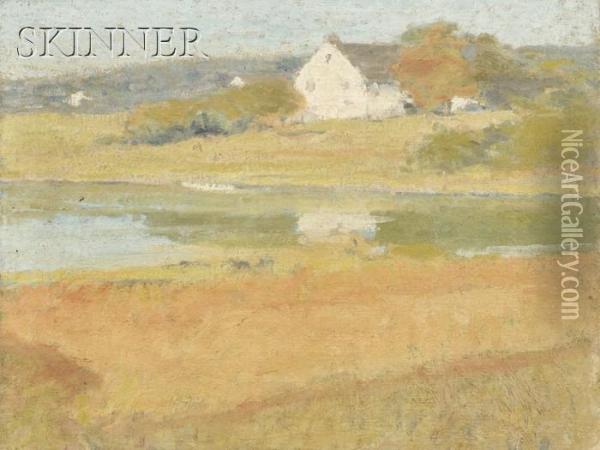 Sunny Landscape With A White Farmhouse Oil Painting - Arthur Wesley Dow