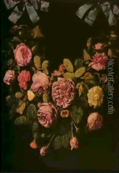 A Swag Of Roses Suspended From Blue Ribbons Oil Painting - Jan van Kessel the Elder