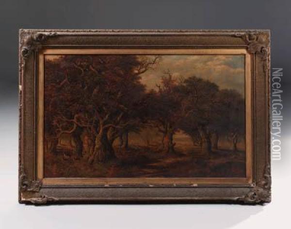 A Wooded Landscape With Deer, A Mother And Child On A Trackbeyond Oil Painting - Robert Hills