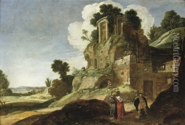 A Rocky Landscape With The Three Angels Appearing To Abraham Oil Painting - Jacob Symonsz Pynas