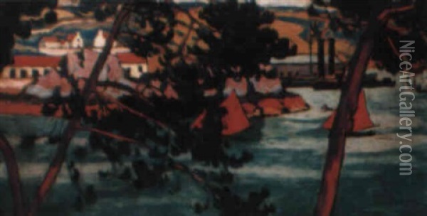 Le Port Aux Voiles Rouges Oil Painting - Alcide-Marie le Beau