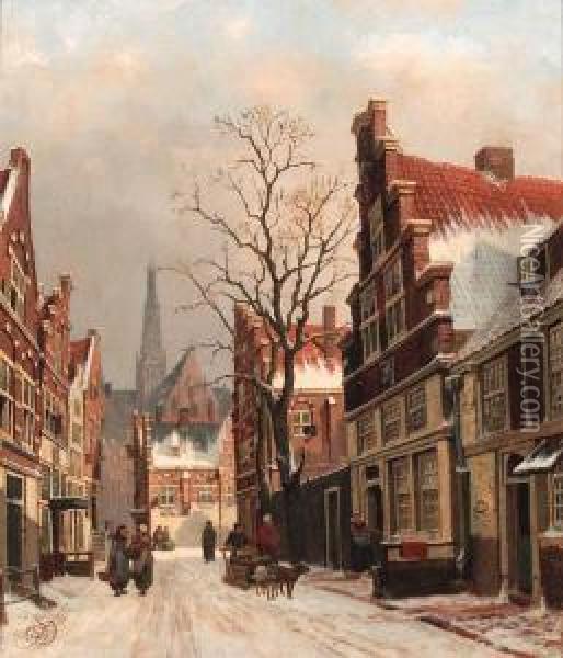 Townsfolk In A Snow-covered Street In Haarlem Oil Painting - Franciscus Lodewijk Van Gulik