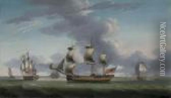 A Merchantman In Three Postions Of The East Anglican Town Of Harwich Oil Painting - Robert Dodd