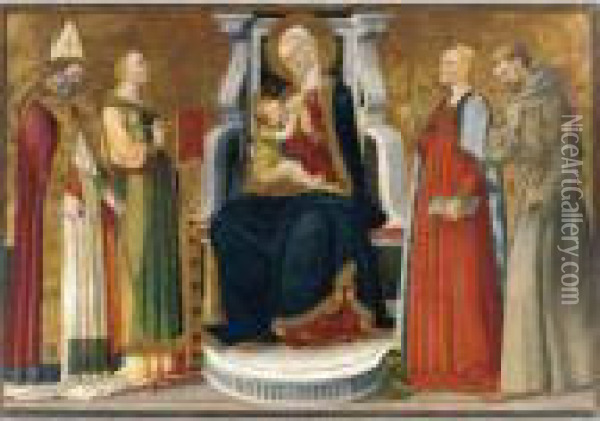 The Madonna And Child Enthroned With Saints Ambrose, Catherine, Margaret And Francis Oil Painting - Bicci Di Neri