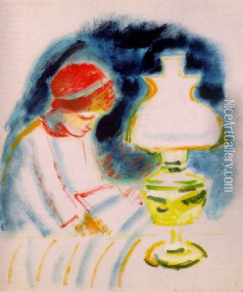 Lesendes Madchen Bei Der Lampe Oil Painting - August Macke