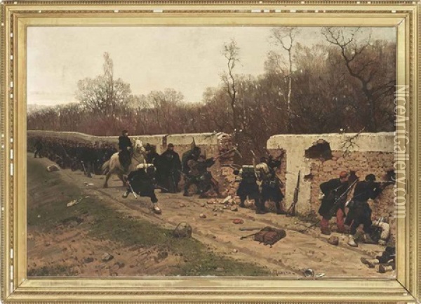 French Infantrymen At A Wall In Battle Oil Painting - Eugene Medard