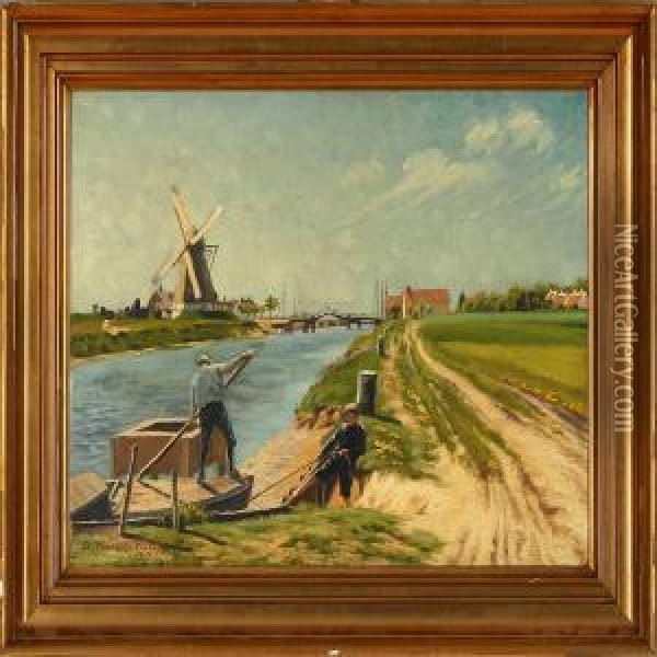View Ofkarrebaeksminde Canal, Denmark Oil Painting - Karl Frederik Hansen-Reistrup