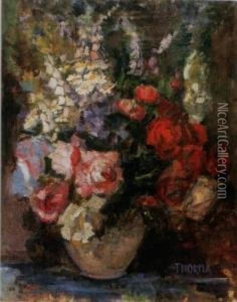 A Bunch Of Spring Flowers In A Vase Oil Painting - Janos Thorma
