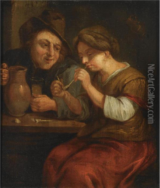 Two Peasants Drinking And Smoking In An Inn Oil Painting - David The Younger Teniers