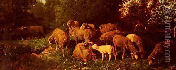 Les Moutons Dans Le Sous-Bois (Sheep in the Undergrowth) Oil Painting - Charles Emile Jacque