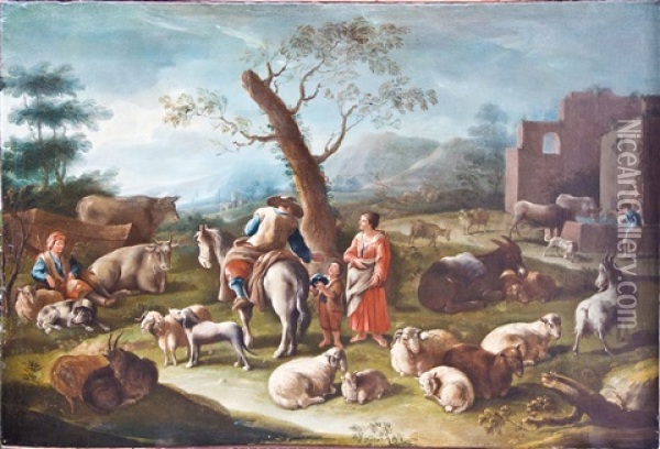 Schaferfamilie Mit Weidenden Schafen Und Ziegen Oil Painting - Francesco Londonio