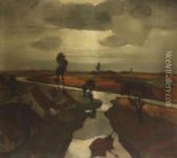 De River Nete With Lier In The Background Oil Painting - Oscar Verpoorten
