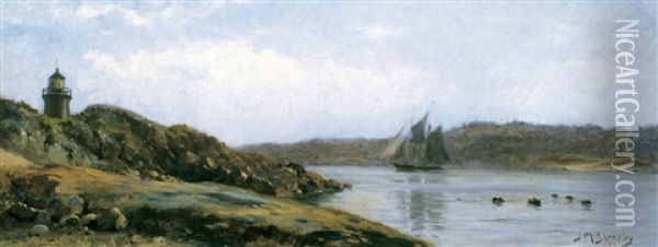 Sailing By A Lighthouse Oil Painting - James Macdonald Barnsley
