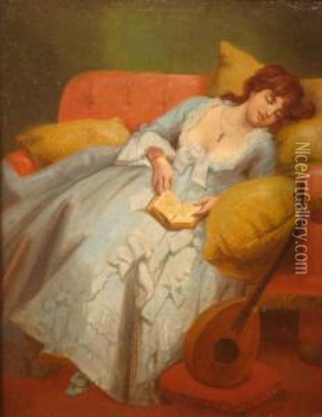 'in Dreamland' - A Young Lady Wearing A Pale Blue Dress Asleep On Asofa, Holding An Open Book In Her Lap And A Lute Resting Besideher Oil Painting - John Eaton Walker
