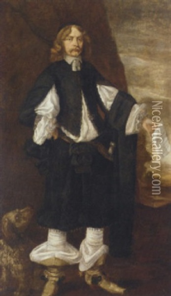 Portrait Of A Gentleman In A Black And White Costume, Holding A Letter In His Left Hand, A Dog At His Right Oil Painting - Bartholomeus Van Der Helst