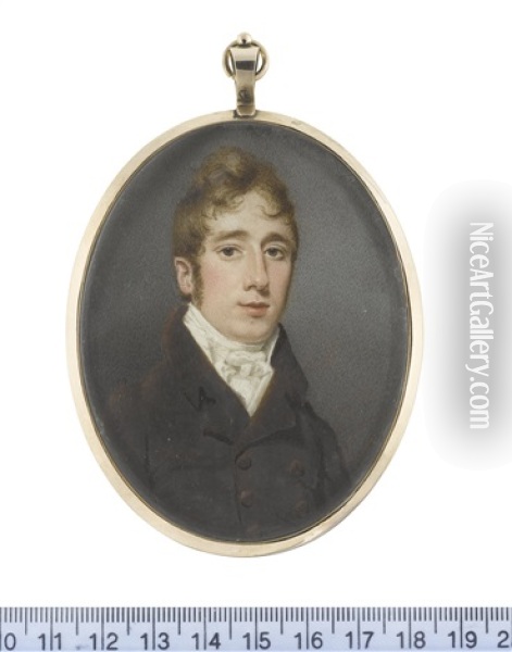 A Gentleman, Wearing Brown Coat, White Waistcoat, Chemise, Stock And Cravat Oil Painting - Samuel John Stump