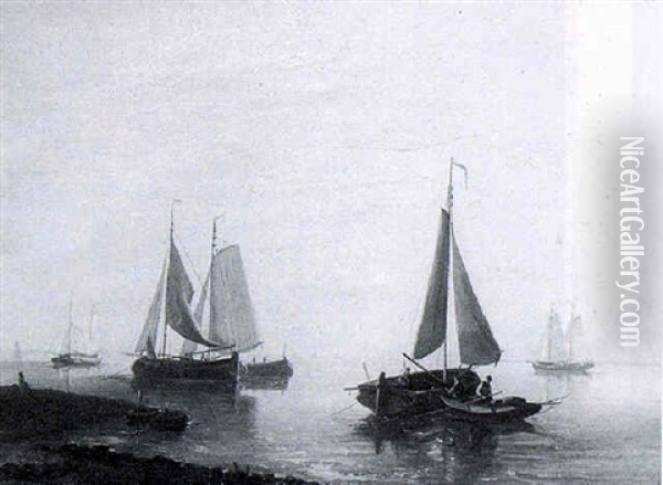 Shipping On An Estuary Oil Painting - George Johannes (Jan) Hoffmann